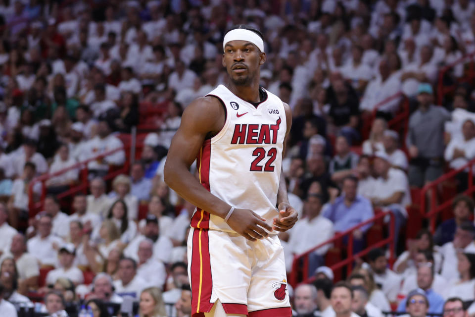 MIAMI, FLORIDA - MAY 23: Jimmy Butler #22 of the Miami Heat looks on against the Boston Celtics during the third quarter in game four of the Eastern Conference Finals at Kaseya Center on May 23, 2023 in Miami, Florida. NOTE TO USER: User expressly acknowledges and agrees that, by downloading and or using this photograph, User is consenting to the terms and conditions of the Getty Images License Agreement. (Photo by Megan Briggs/Getty Images)