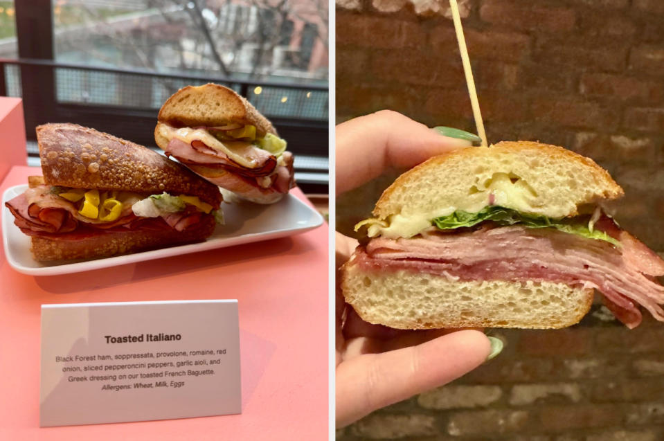 Two images: Left shows a sandwich labeled "Toasted Italiano" with ingredients list; Right is a close-up of the sandwich's interior