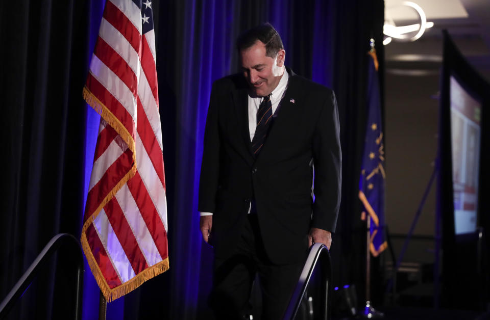 Sen. Joe Donnelly, D-Ind., leaves the stage after answering questions during the final hour of voting in Indiana in Indianapolis Tuesday Nov. 6, 2018. Donnelly faces Republican Mike Braun in the US Senate race. (AP Photo/Michael Conroy)