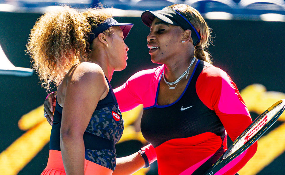 Serena Williams, pictured here embracing Naomi Osaka at the Australian Open in 2021.