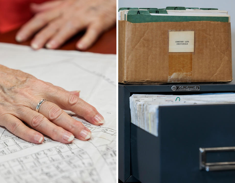 Image: Jeri Kozobarich touches a map of the cemetery plots where her baby is buried at Jacksonville City Hall in North Carolina on July 18. (Rachel Jessen for NBC news)