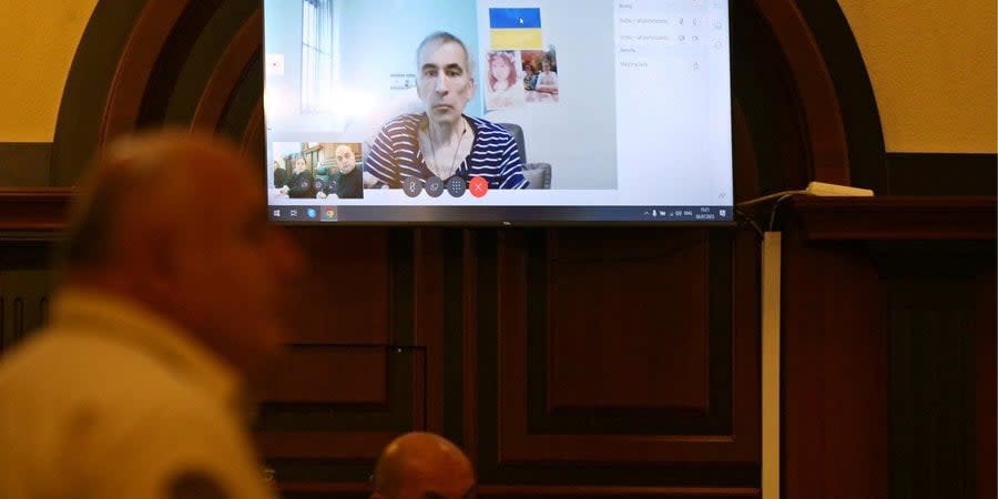 Imprisoned ex-president of Georgia Mikheil Saakashvili speaks via video link during a court hearing, July 3, 2023