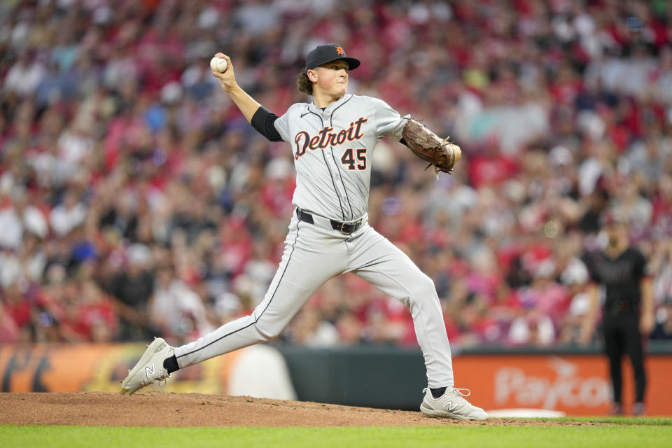 Detroit Tigers pitcher Reese Olson throws in the third inning of a baseball game against the Cincinnati Reds in Cincinnati, Friday, July 5, 2024. (AP Photo/Jeff Dean)