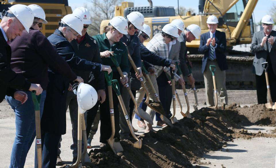 Ames mayor John Haila, city council members, donors, and local organizations participate in a groundbreaking ceremony for the Fitch Family Indoor Aquatic Center Wednesday, April 24, 2024, on N. Elm Ave. in Ames, Iowa.