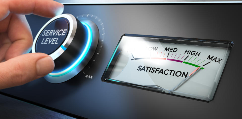 A knob with the words service level turned up to the maximum level, next to a dial with the word satisfaction.