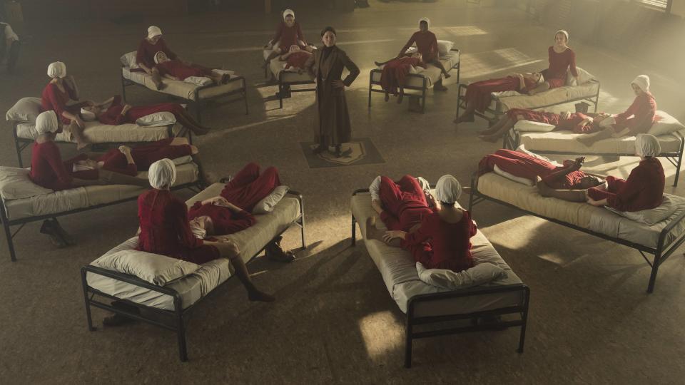 The Handmaid's Tale -- "Nolite Te Bastardes Carborundorum" Episode 104 -- Punished by Serena Joy, Offred begins to unravel and reflects on her time with Moira at the Red Center. A complication during the Ceremony threatens Offred’s survival with the Commander and Serena Joy. (Photo by: George Kraychyk/Hulu)