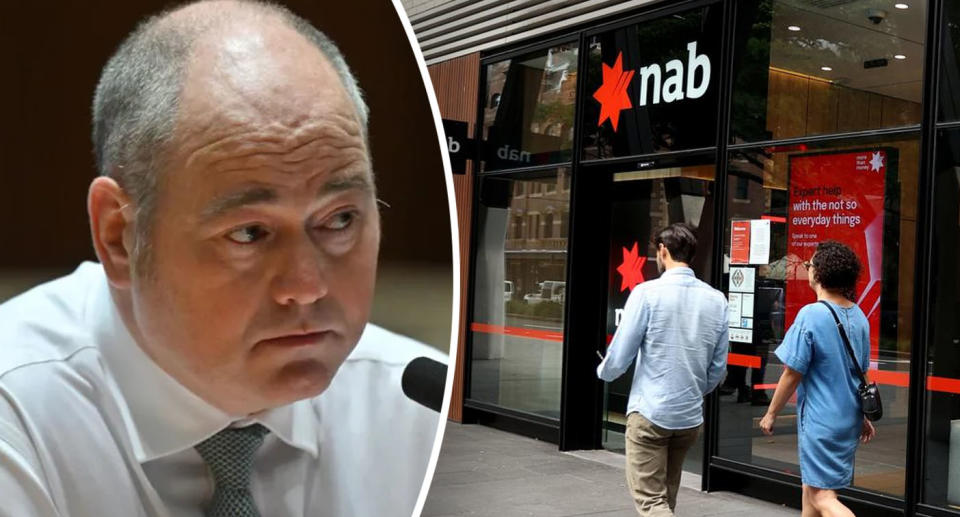 AB chief executive Andrew Irvine and an inset of two people walking in front of a NAB ATM.