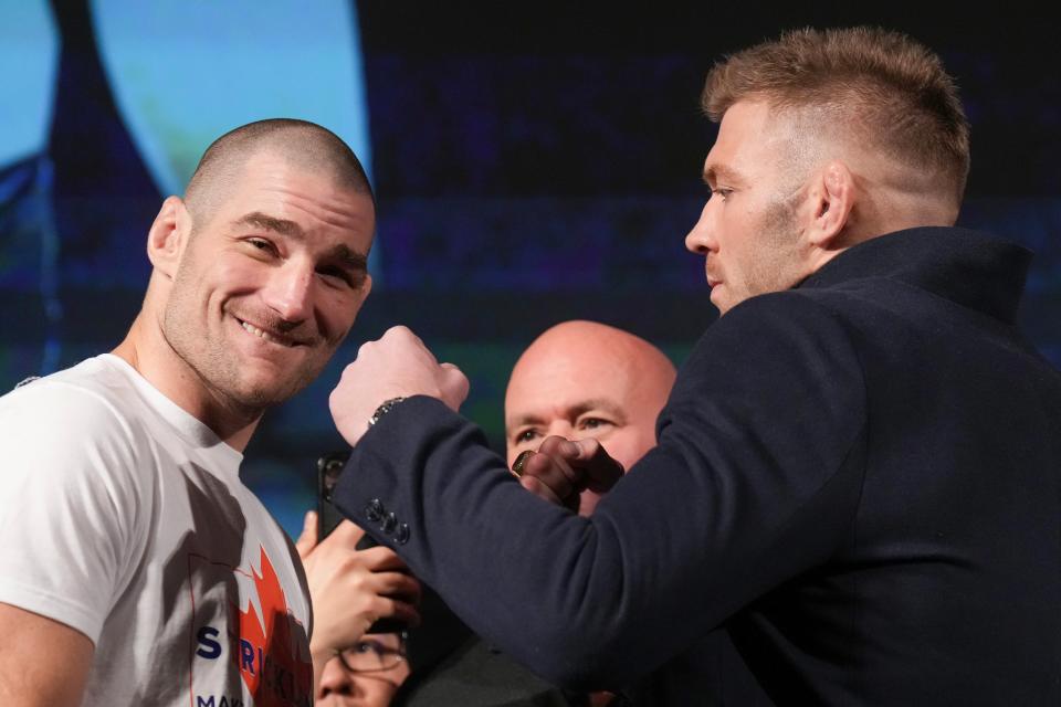 Sean Strickland (left) and UFC middleweight title challenger Dricus Du Plessis (AP)