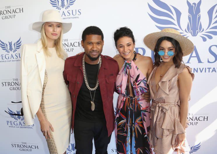 Karolina Kurkova, Usher Raymond, Emmanuelle Chriqui and Vanessa Hudgens attend The Inaugural $12 Million Pegasus World Cup Invitational. Hudgens wore a preppy outfit with a pair of John Lennon sunnies. (Photo: Getty Images)