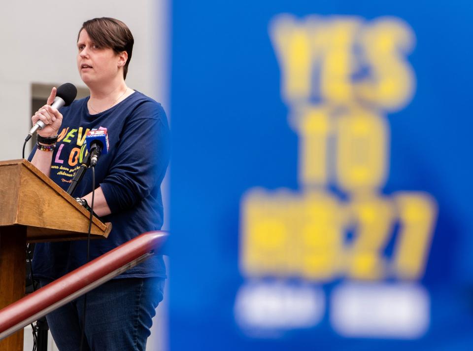 Deanna Smith, widow of Kenny Smith, who was executed on death row, speaks during a rally in support of HB27 at the Alabama Statehouse in Montgomery, Ala., on Thursday March 21, 2024. The bill would retroactively abolish judicial override in Alabama.