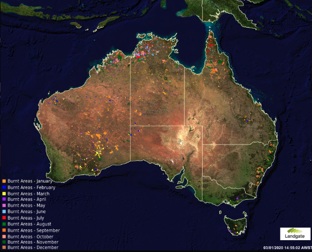 A map shows land burned by fires in Australia by month during the year 2019. | Landgate's MyFireWatch