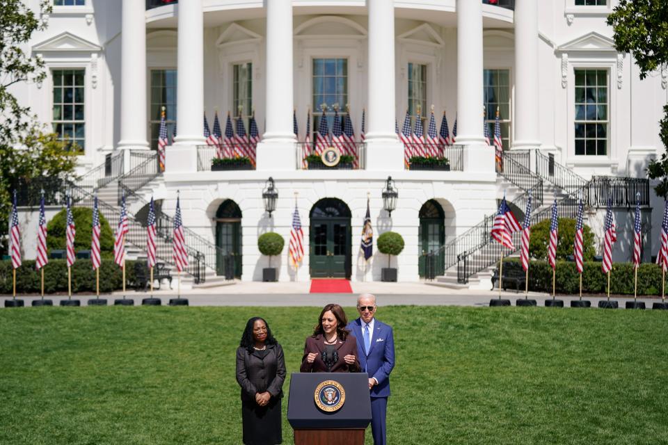 Vice President Kamala Harris, accompanied by President Joe Biden and Judge Ketanji Brown Jackson, speaks during an event on the South Lawn of the White House in Washington, Friday, April 8, 2022, celebrating the confirmation of Jackson as the first Black woman to reach the Supreme Court. (AP Photo/Andrew Harnik)