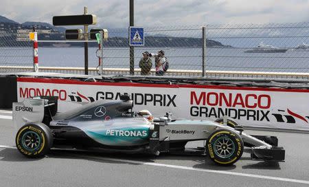 Mercedes Formula One driver Lewis Hamilton of Britain drives during the first free practice session of the Monaco Grand Prix in Monaco May 21, 2015. REUTERS/Robert Pratta