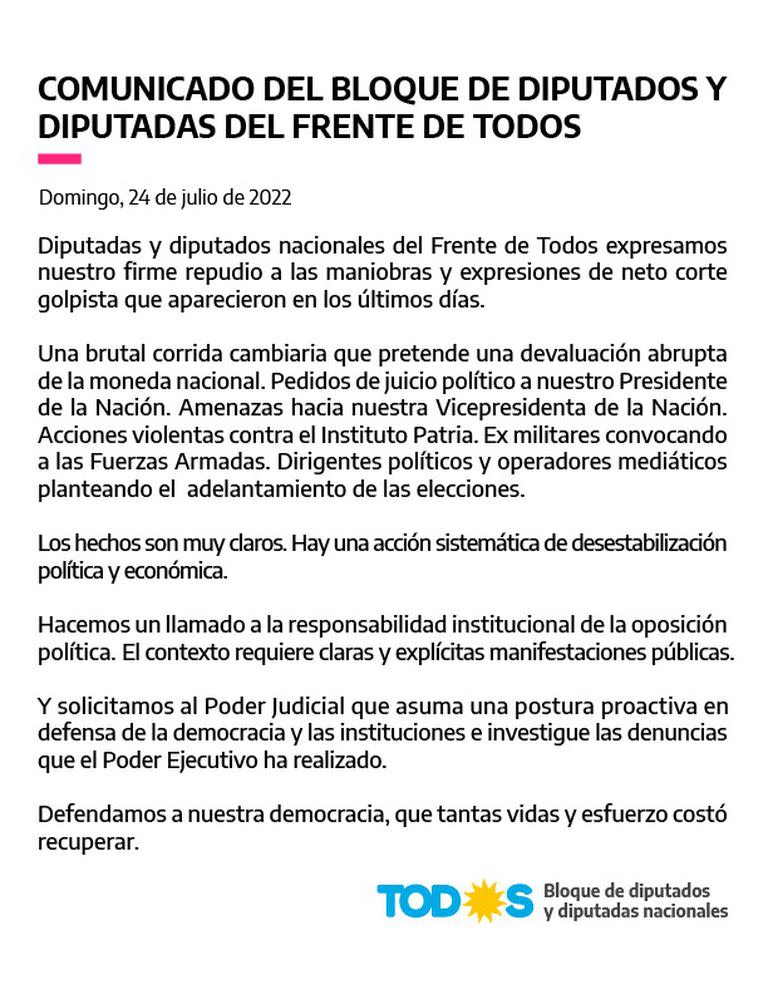 El comunicado completo de los diputados del Frente de Todos