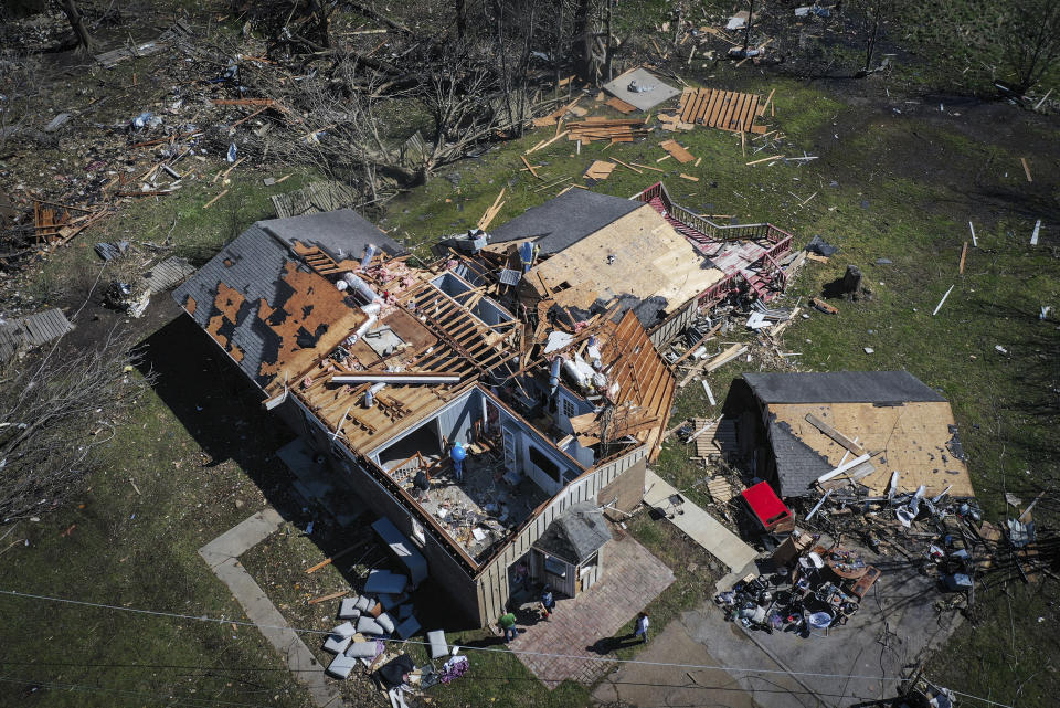 A house that belongs to Patrick Glover is damaged from a tornado in Covington, Tenn., on Saturday, April 1, 2023 after it was hit by tornado the night before. Glover, his wife and their newborn child survived the storm by evacuating to his parent's house (Patrick Lantrip/Daily Memphian via AP)