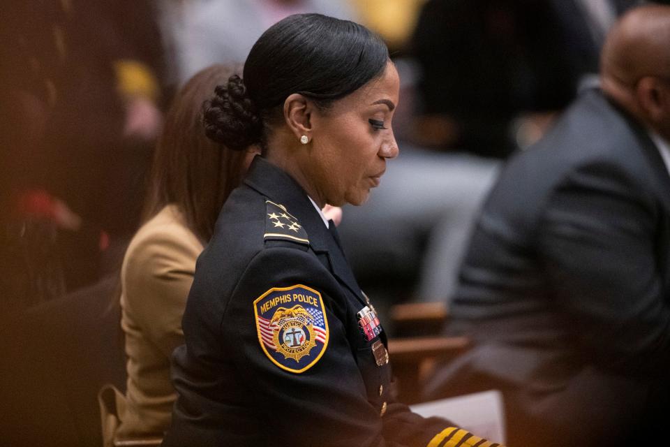 Memphis Police Chief Cerelyn “C.J.” Davis looks down as she waits for the city council to vote on whether or not to recommend her reappointment during her reappointment proceedings in the city council committee meeting at city hall in Memphis, Tenn., on Tuesday, January 9, 2024.
