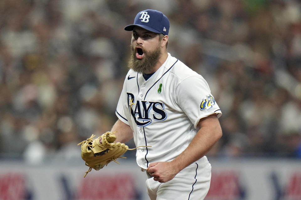 Tampa Bay Rays relief pitcher Jalen Beeks reacts after pitching out of trouble against the New York Yankees during the seventh inning of a baseball game Saturday, May 6, 2023, in St. Petersburg, Fla. (AP Photo/Chris O'Meara)