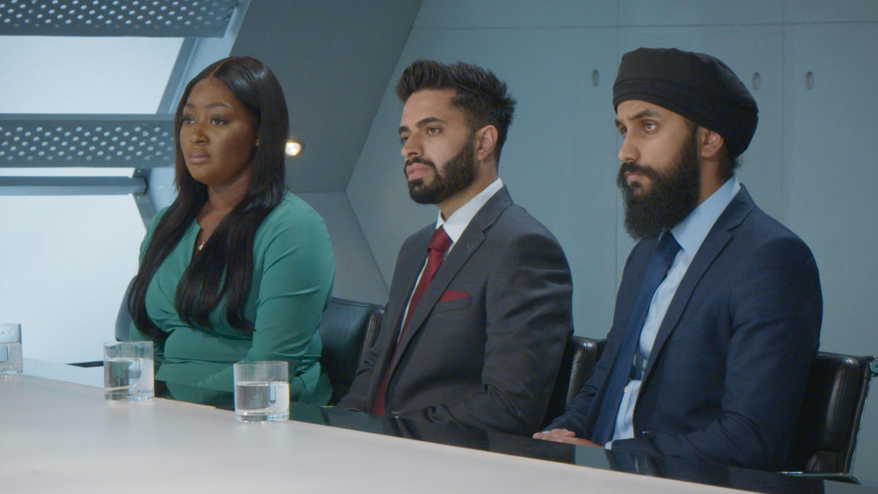 Onyeka faced Paul and Virdi in The Apprentice boardroom. (BBC)