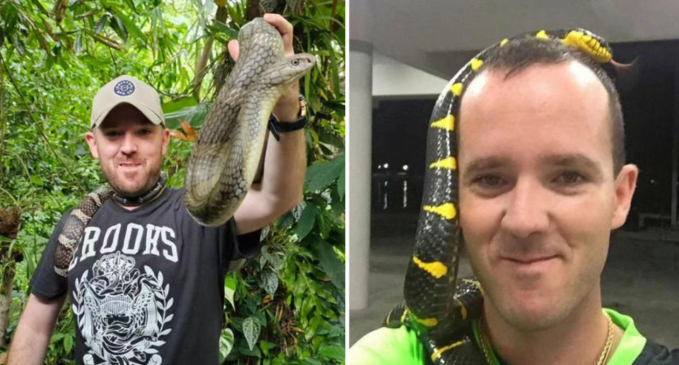 Left, Mathew, who spoke about snake bites, can be seen holding a python. Right, a snake is on his head. 