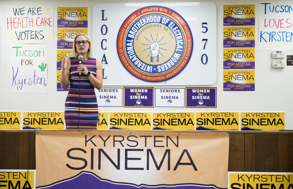 UNITED STATES - OCTOBER 21: Democratic candidate for U.S. Senate Rep. Kyrsten Sinema, D-Ariz., speaks to supporters at the International Brotherhood of Electrical Workers Local 570 in Tucson, Ariz., on Sunday, Oct. 21, 2018. (Bill Clark/CQ Roll Call via Getty Images)