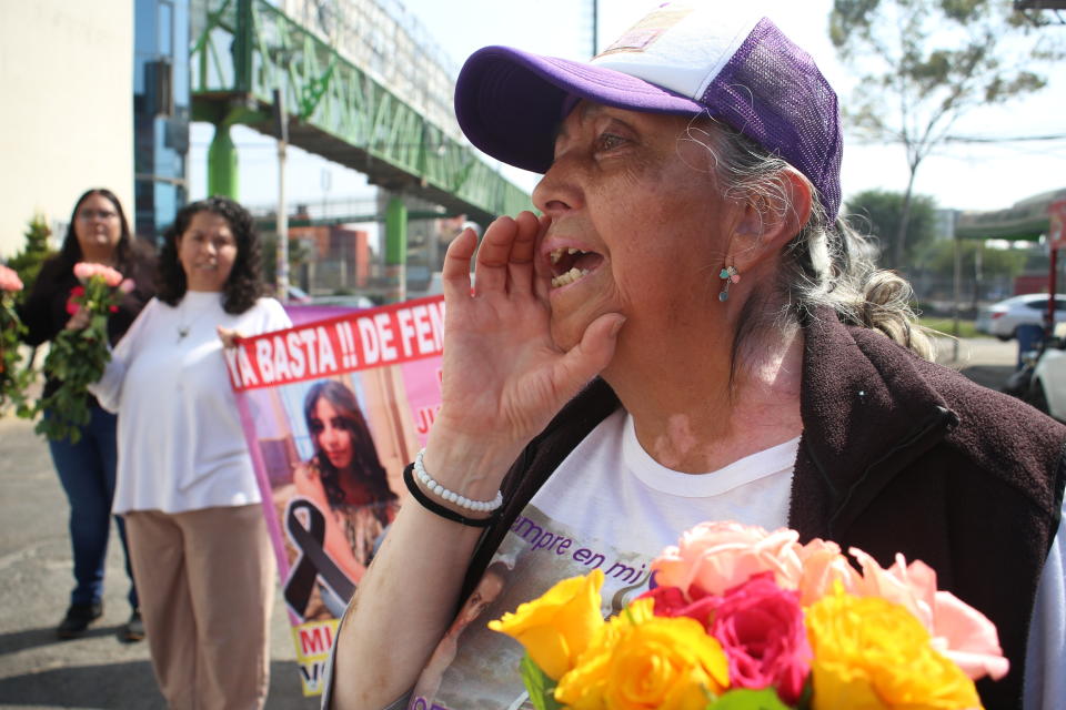 Teresa Maya, the mother of murder victim Briseida Carreno, calls for justice during a procession for felled women like her daughter, in Ecatepec, a suburb of Mexico City, Saturday, Nov. 23, 2019. Briseida was last seen alive at a cousin’s party, in the company of her boyfriend of three months. The family is convinced the boyfriend killed Briseida. He’s currently in prison, awaiting trial. (AP Photo/Alicia Fernandez)