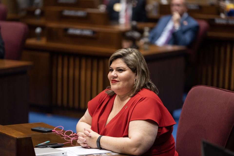 Senate Minority Leader Raquel Terán sits at her desk during the opening session of the 56th Legislature in Phoenix on Jan. 9, 2023.