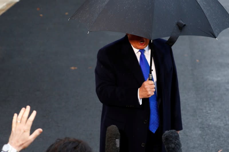 U.S. President Donald Trump delivers remarks to the press before boarding Marine One at the South Lawn of the White House in Washington