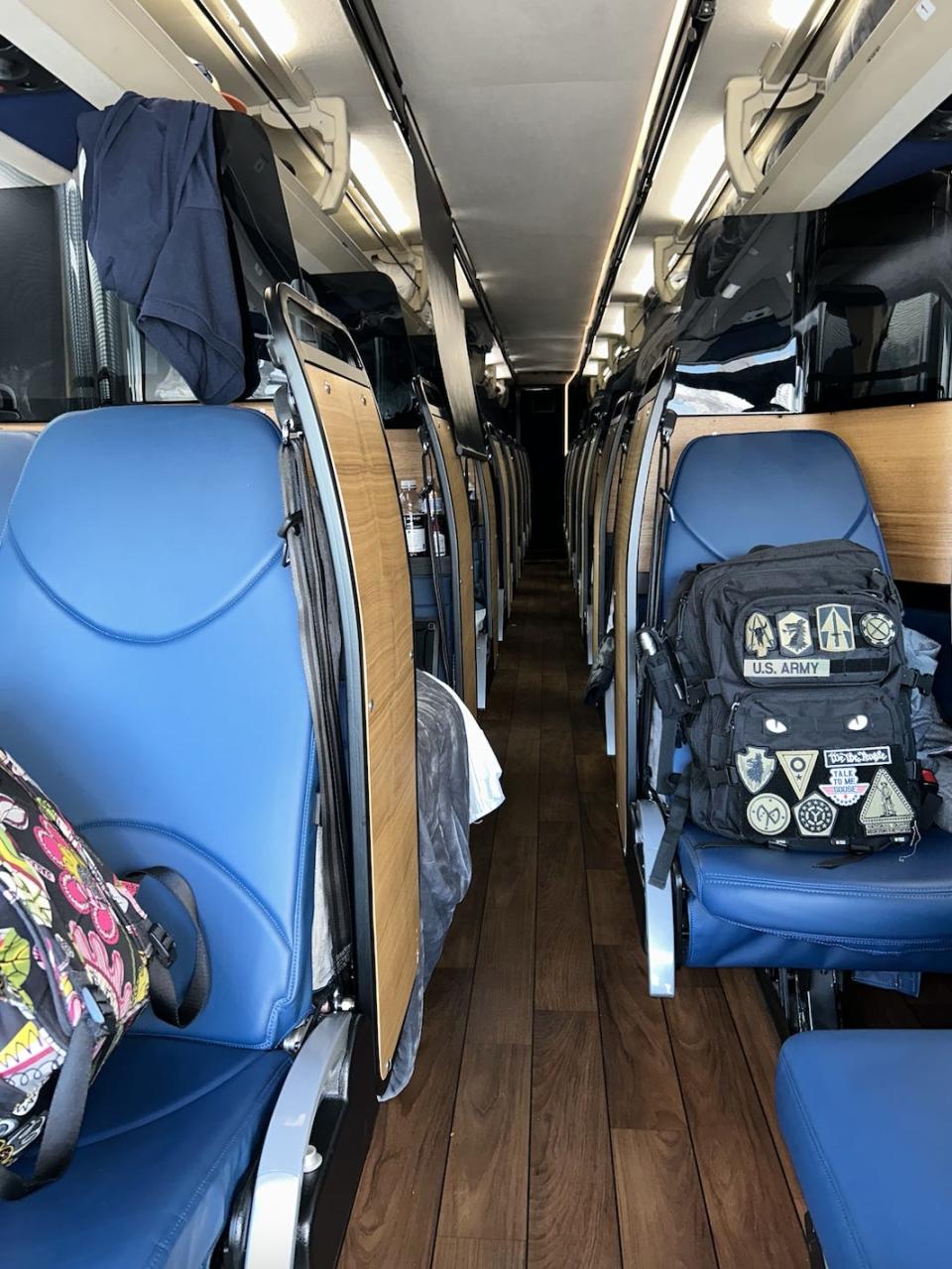 blue seats on napaway bus