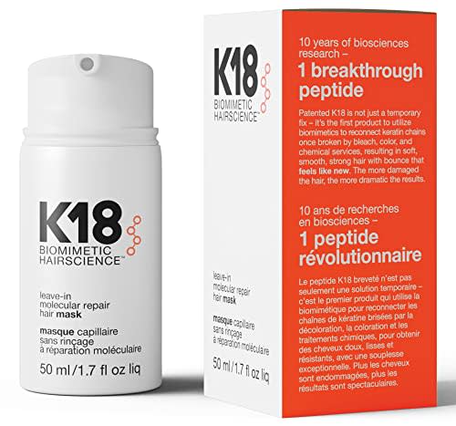 K18 Leave-In Molecular Repair Hair Mask Treatment to Repair Damaged Hair - 4 Minutes to Reverse Damage from Bleach, Color, Chemical Services, 50 ml (AMAZON)