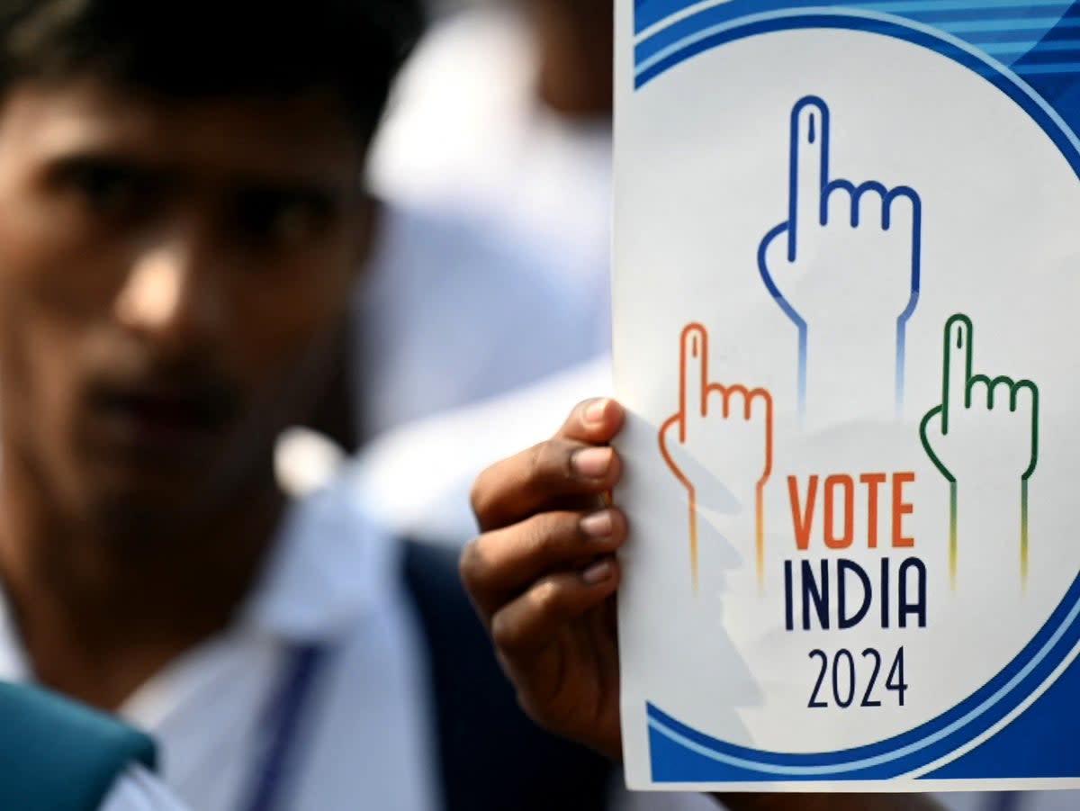 Students participate in a rally to create awareness about the importance of voting ahead of India’s national elections, in Chennai, on 9 March 2024 (AFP via Getty Images)
