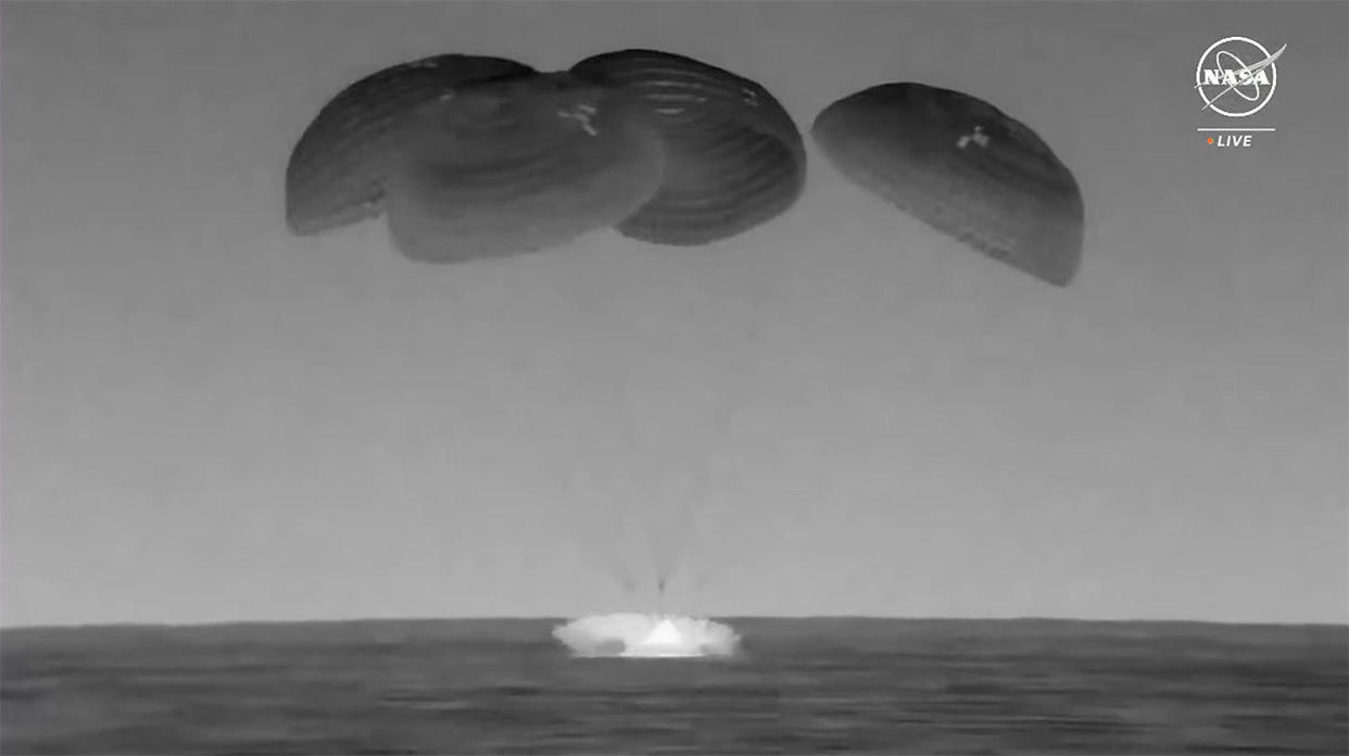 The capsule carrying commander Jasmin Moghbeli, European Space Agency astronaut Andreas Mogensen, Japanese flyer Satoshi Furukawa and cosmonaut Konstantin Borisov splashes down in the Gulf of Mexico south of Pensacola, Fla., closing out a 199-day mission. / Credit: NASA / SpaceX