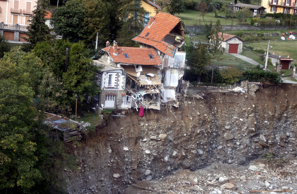 An aerial view of damaged houses in Saint-Martin-Vesubie, southern France, as clean-up operations continue after Storm Alex hit the Alpes-Maritimes region.