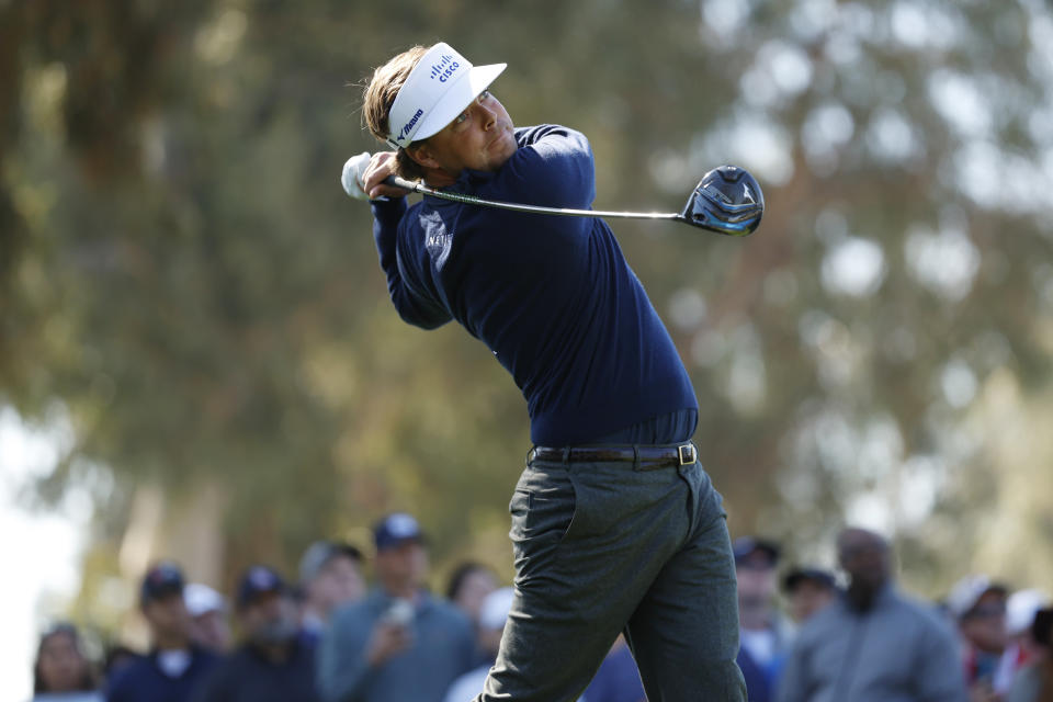 Keith Mitchell hits from the ninth tee during the final round of the Genesis Invitational golf tournament at Riviera Country Club, Sunday, Feb. 19, 2023, in the Pacific Palisades area of Los Angeles. (AP Photo/Ryan Kang)