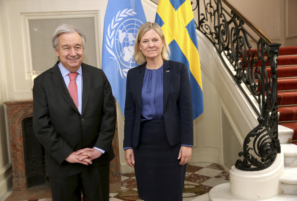 Sweden's Prime Minister Magdalena Andersson, right, welcomes UN Secretary-General Antonio Guterres in Stockholm, Sweden on Wednesday June 1, 2022, ahead of their meeting. (Soren Andersson/TT via AP)