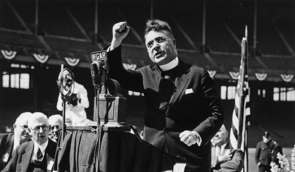 Father Coughlin's bully pulpit. <a href="https://www.gettyimages.com/detail/news-photo/father-charles-coughlin-delivers-a-radio-speech-circa-1930s-news-photo/96792593?adppopup=true" rel="nofollow noopener" target="_blank" data-ylk="slk:Fotosearch/Getty Images;elm:context_link;itc:0;sec:content-canvas" class="link ">Fotosearch/Getty Images</a>