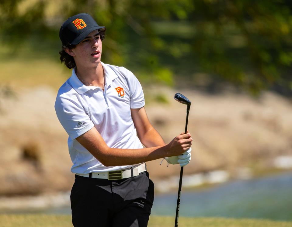 Palm Desert's Max Margolis watches his tee shot on hole one during the first round of DEL boys golf individuals at Mission Hills North Golf Course in Rancho Mirage, Calif., Tuesday, April 30, 2024.