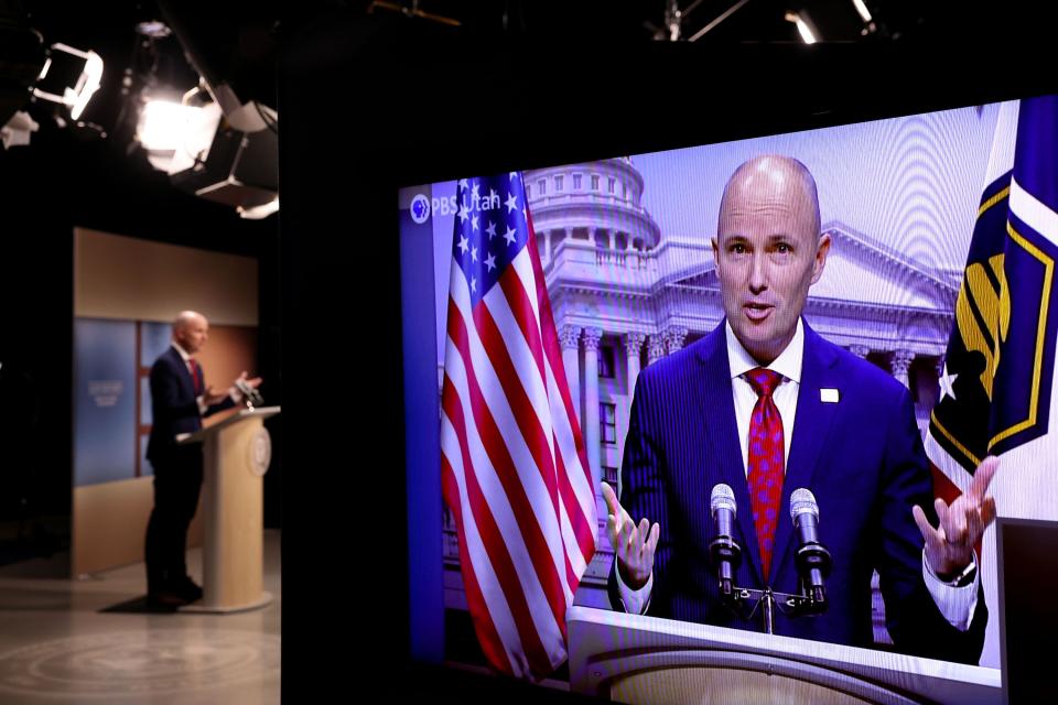 Gov. Spencer Cox speaks to reporters at thePBS monthly news conference at the Eccles Broadcast Center in Salt Lake City on Thursday, Feb. 15, 2024. | Laura Seitz, Deseret News