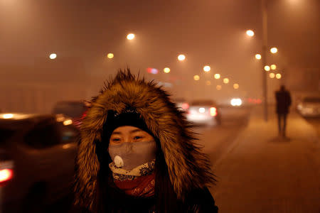 A woman wears a face mask in the part of the city near neighbourhoods known for burning coal for heating in Ulaanbaatar, Mongolia January 26, 2017. Not many people in Ulaanbaatar wear masks to protect themselves against pollution. REUTERS/B. Rentsendorj