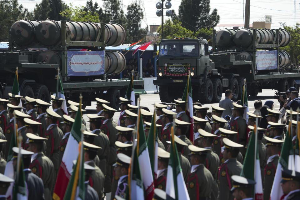 Missile systems are carried during Iranian Army Day parade in front of the mausoleum of the late revolutionary founder Ayatollah Khomeini just outside Tehran, Iran, Tuesday, April 18, 2023. Iran's President Ebrahim Raisi on Tuesday reiterated threats against Israel while marking the country's annual Army Day, though he stayed away from criticizing Saudi Arabia as Tehran seeks a détente with the kingdom. (AP Photo/Vahid Salemi)