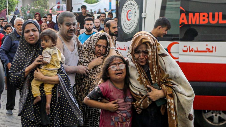 PHOTO: Wounded Palestinians arrive to al-Shifa hospital, following Israeli airstrikes on Gaza City, central Gaza Strip, Oct. 16, 2023. (Abed Khaled/AP)