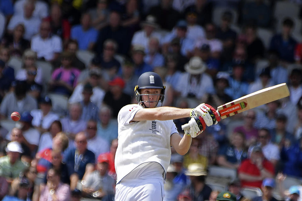 England's Zak Crawley plays a shot during the second day of the fourth Ashes cricket Test match between England and Australia at Old Trafford in Manchester, England, Thursday, July 20, 2023. (AP Photo/Rui Vieira)