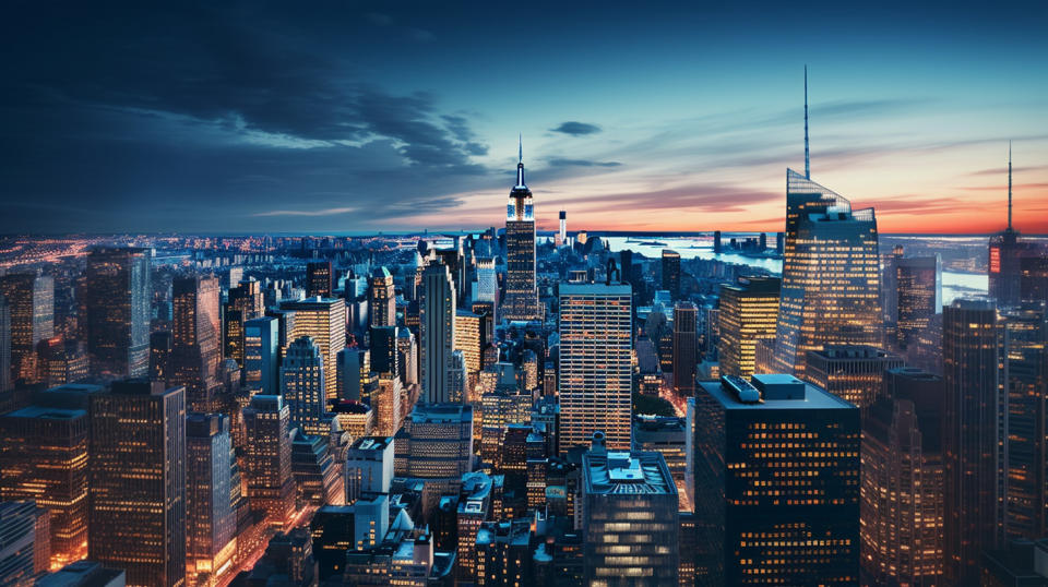 The skyline of a major city at dusk, representing the global reach of public equity investments.