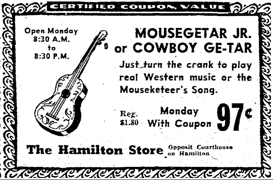 The Hamilton Store offered a "cowboy ge-tar" for 97 cents in this 1958 Journal Star ad.