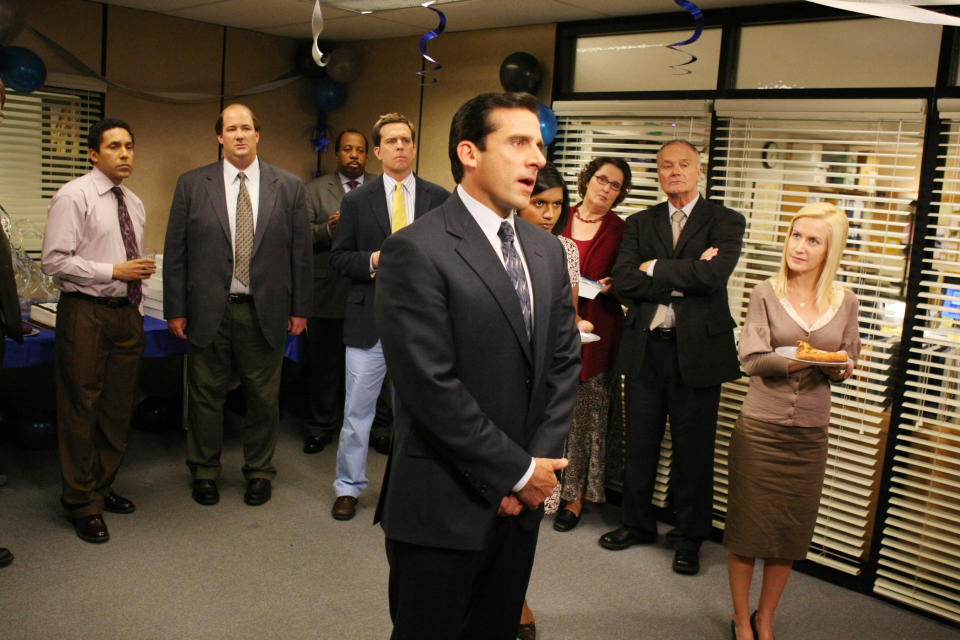 Steve Carell gives a speech at an office party