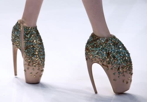 These controversial and much-discussed "hoof" heels were part of McQueen's spring 2010 collection and have since been worn by Lady GaGa and Kelis.