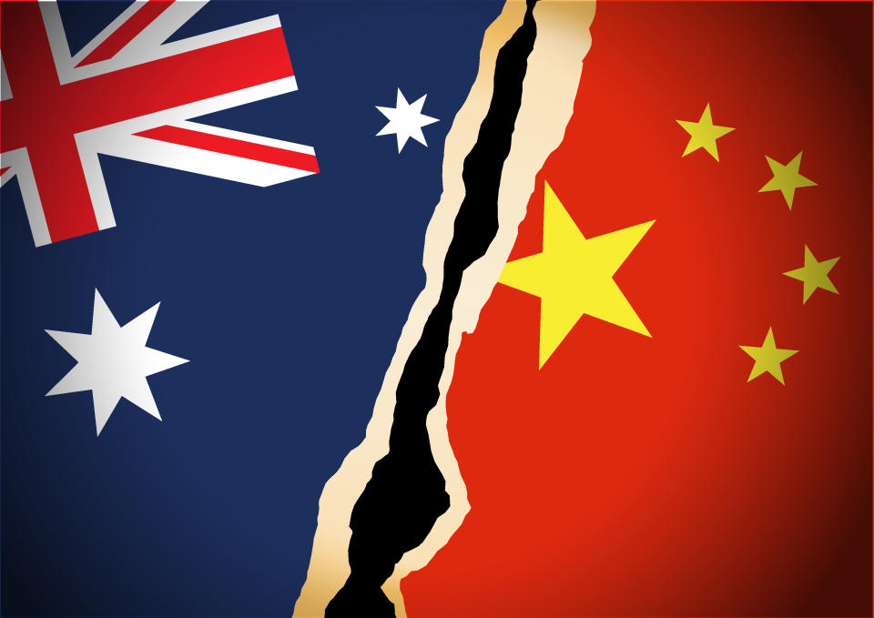 Vector of Conflict concept of Australian and Chinese flag background. EPS Ai 10 file format.