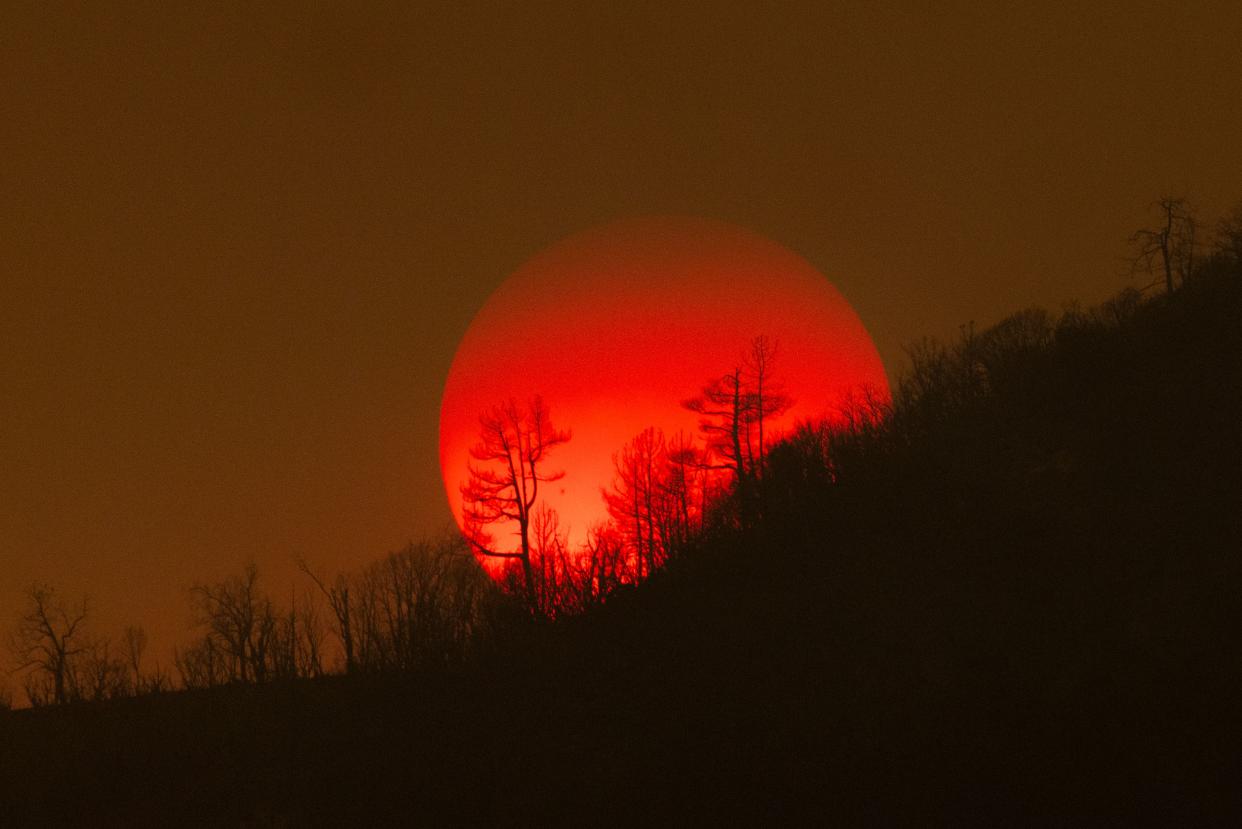 The sun sinks behind a smoky sky and burned forest.