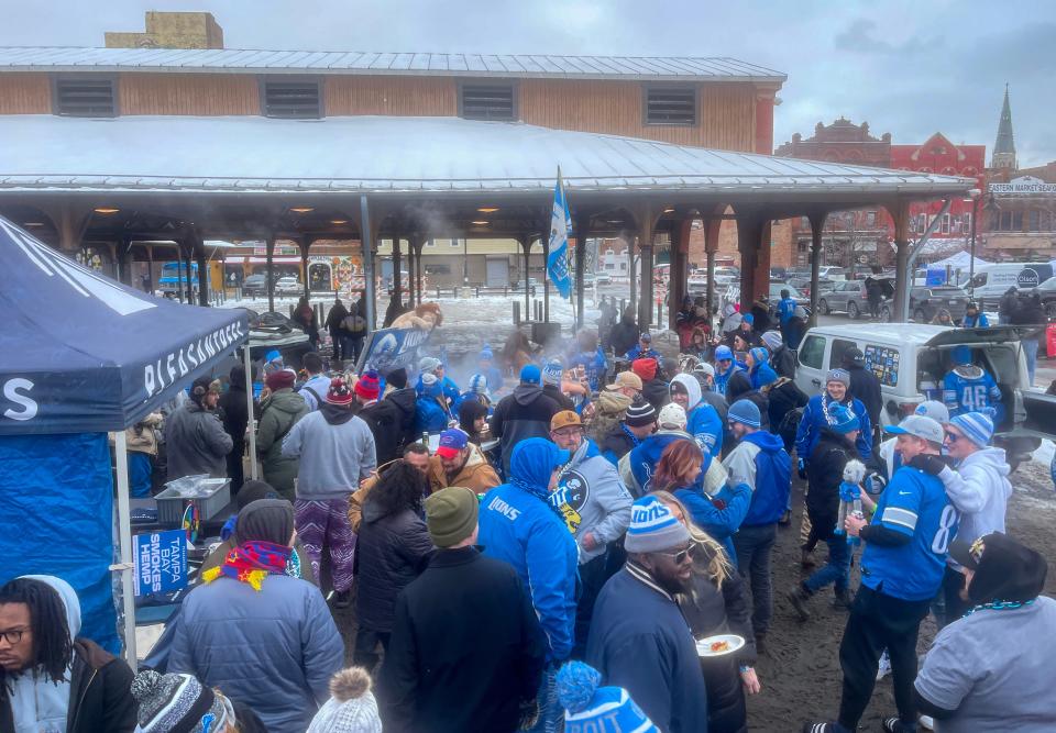 Detroit Lions fans tailgate at Eastern Market before the Detroit Lions game against the Tampa Bay Buccaneers on Sunday, Jan. 21, 2024.