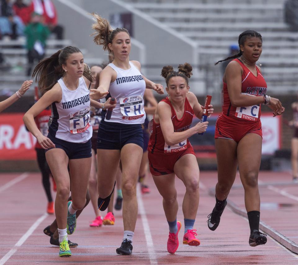 Manasquan in High School Girls 4X400 relay. Day Three of Penn Relays in Philadelphia, Pa. On April  29, 2023. 