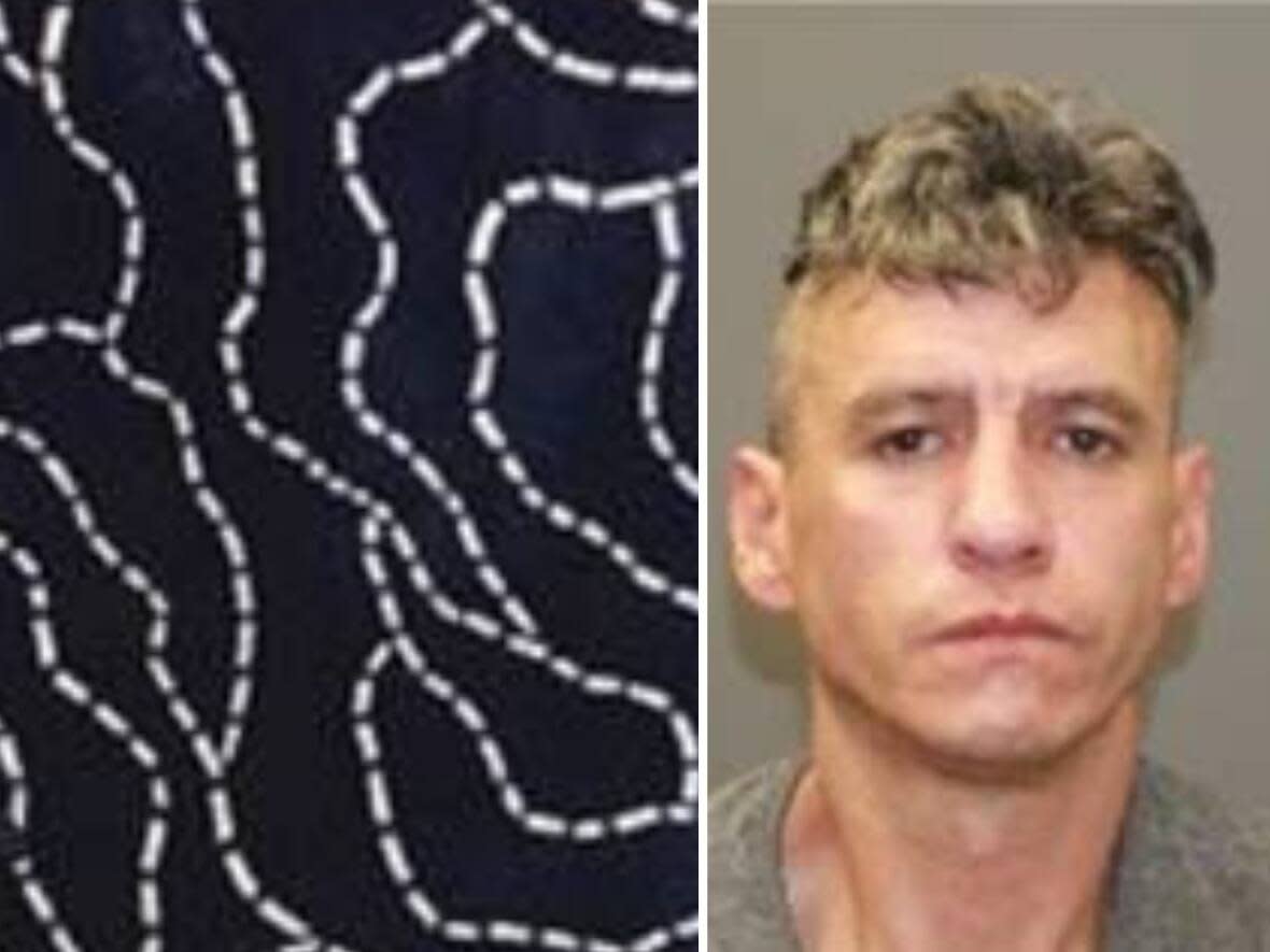 A bloodied Ikea rug, whose pattern is pictured on the left, that was turned into the Barriere RCMP detachment is now linked to the murder investigation of Kamloops resident Peter Daniel Casimir, right. (Submitted by B.C. RCMP Major Crime Unit - image credit)